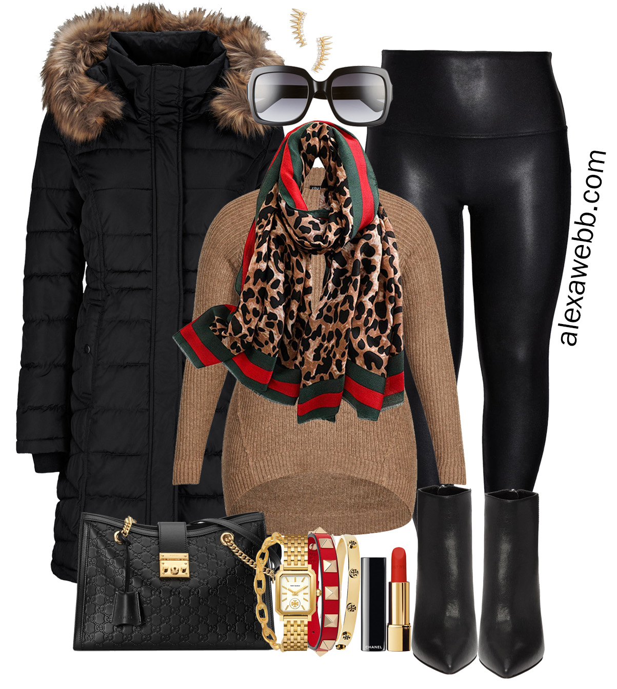 Black And Camel Outfit With A Leopard Scarf - une femme d'un certain âge